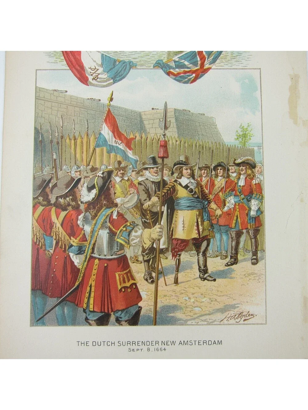 Chromolithograph Book Plate Dutch Surrender New Amsterdam 1664 Antique 1890s